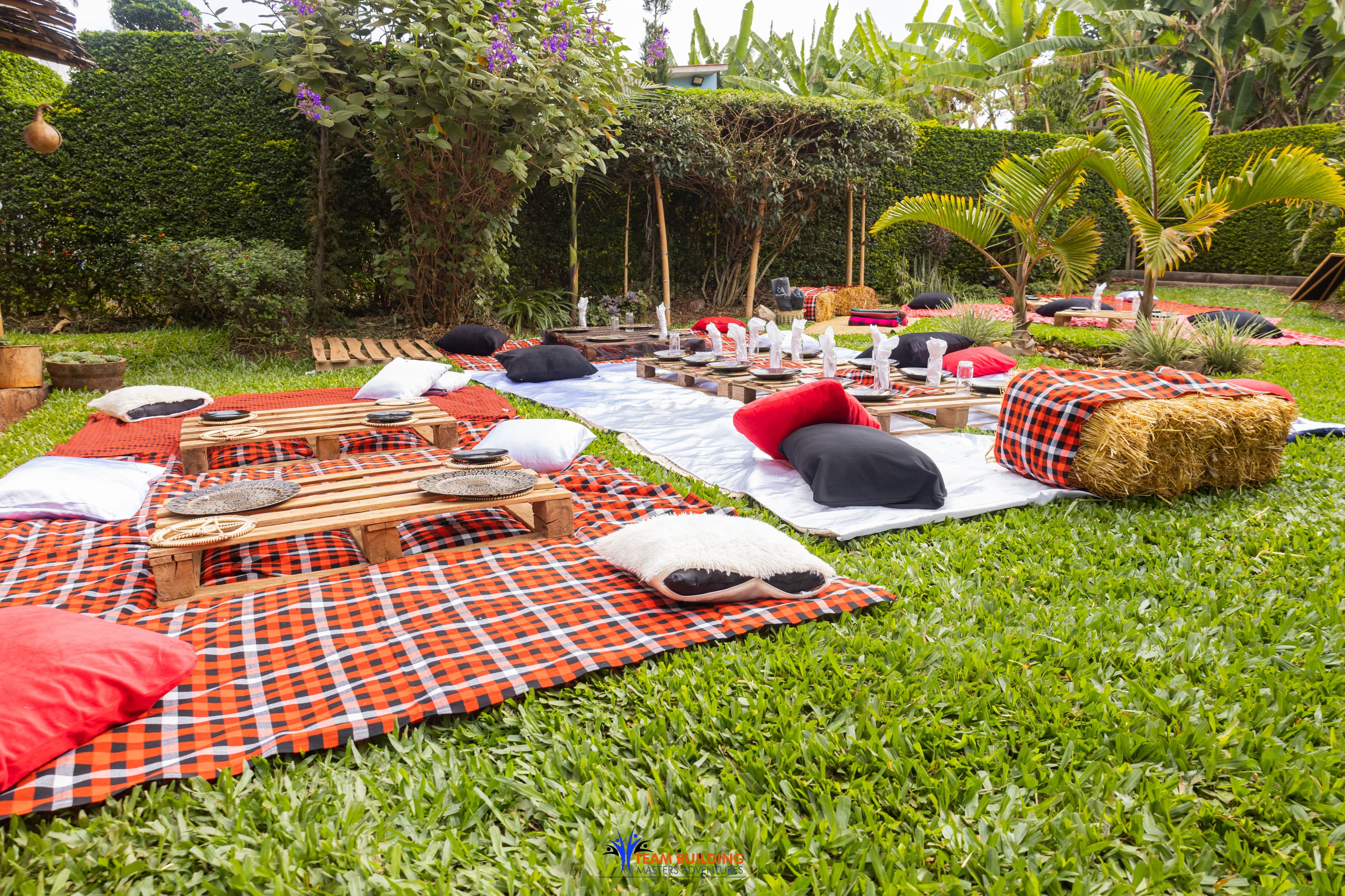 Picnic setup with blankets and food